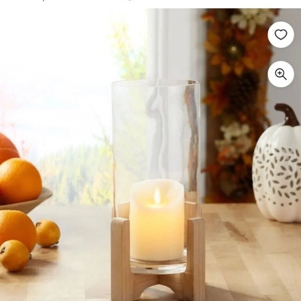 Better Homes & Gardens Candle Holder Glass Natural Wood Stand Hurricane Holidays